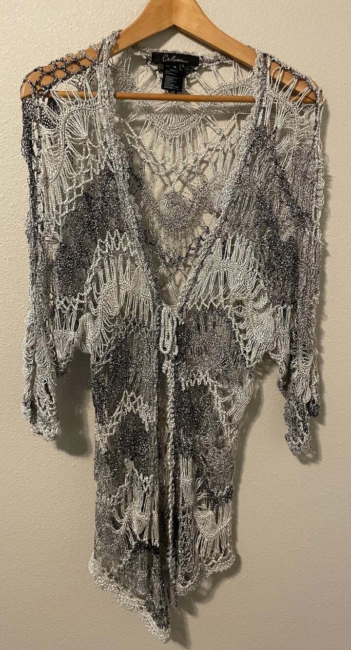 Calessa Cardigan Sweater Womens XL Silver Crochet Open Knit Boho Sheer Tie Front
